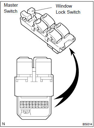 Toyota Corolla.  Inspect power window regulator master switch assy